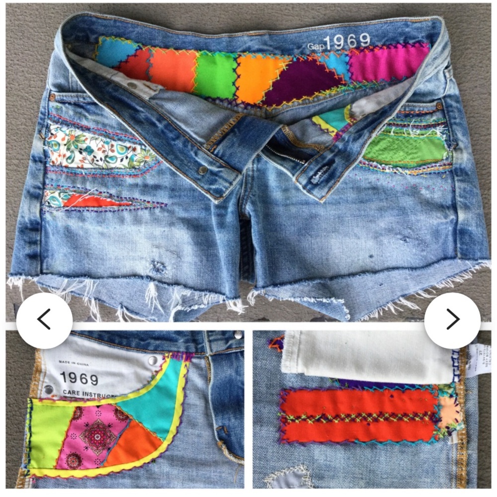 Reworked Upcycled denim shorts sashiko bro visible mending hand sewn 29” waist - Picture 3 of 9